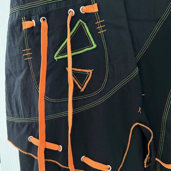 Unique black pinafore dress with orange and green stitching, ribbons & buttons - Picture 4 of 10